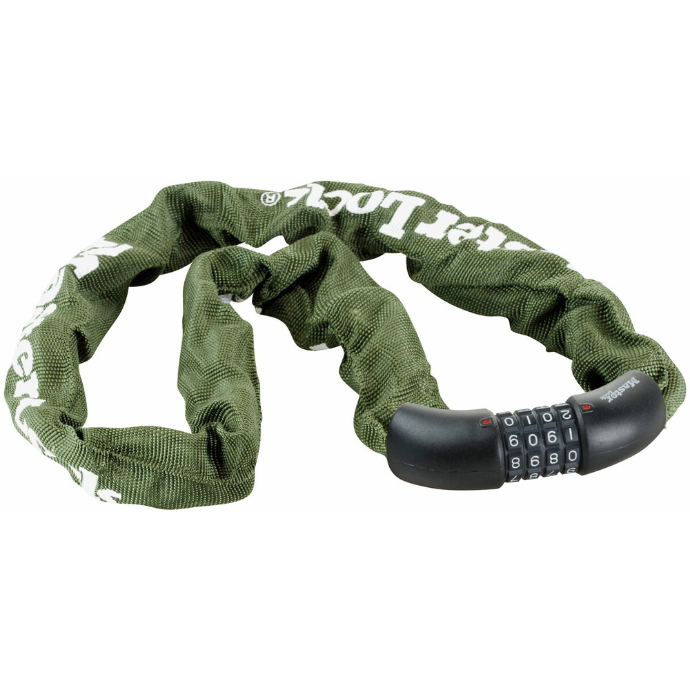Lucchetto a catena verde con lucchetto a combinazione nero e logo bianco.