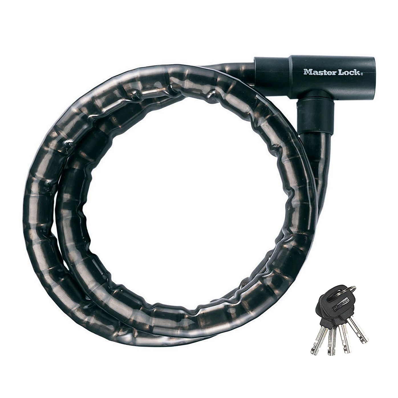 Un lucchetto a catena Master Lock nero con tre chiavi.
