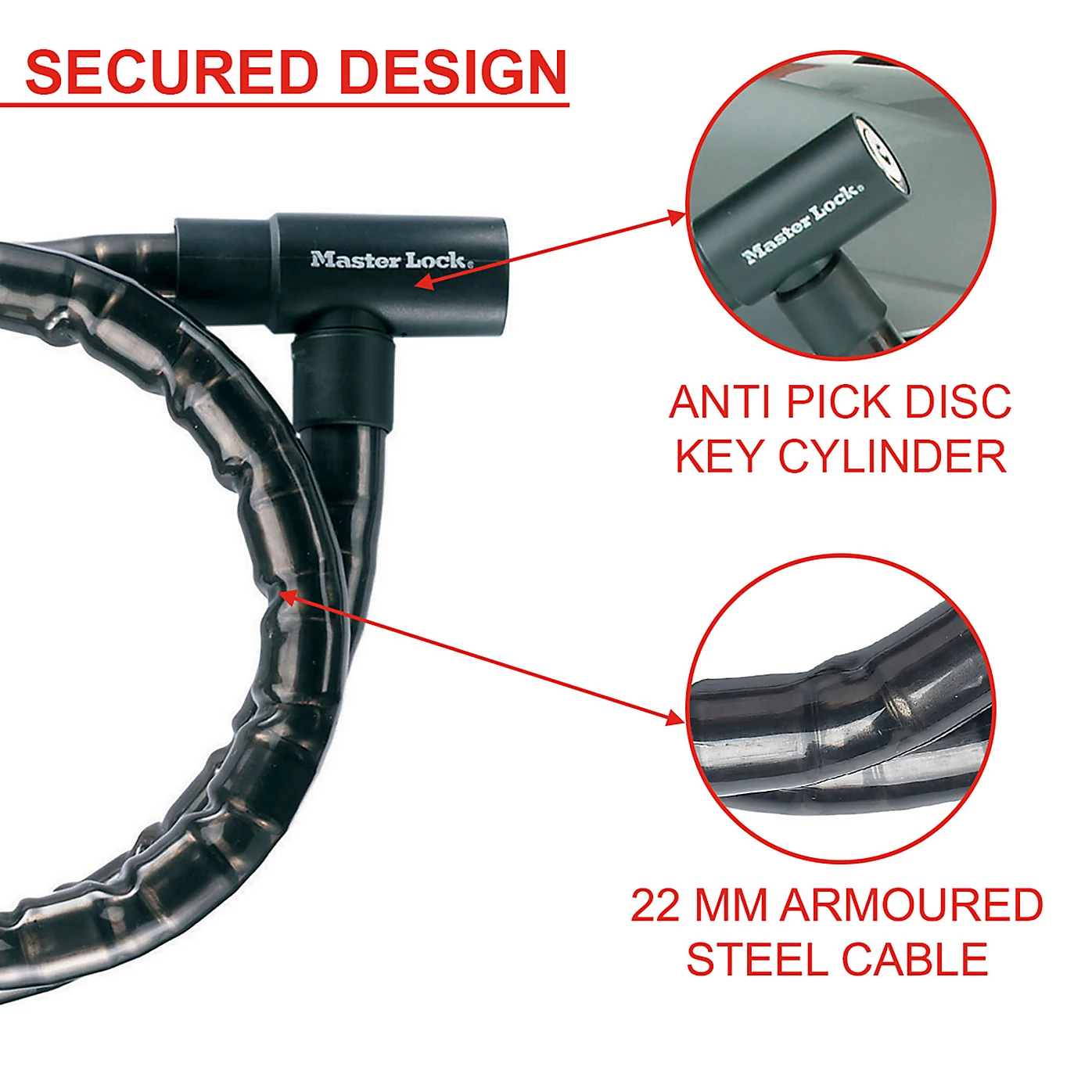 Lucchetto Master Lock con cavo in acciaio da 22mm e cilindro anti-scasso.