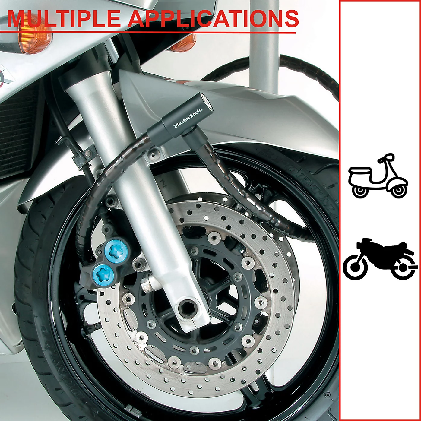 Forcella moto con lucchetto e disco freno. Icone scooter e moto.