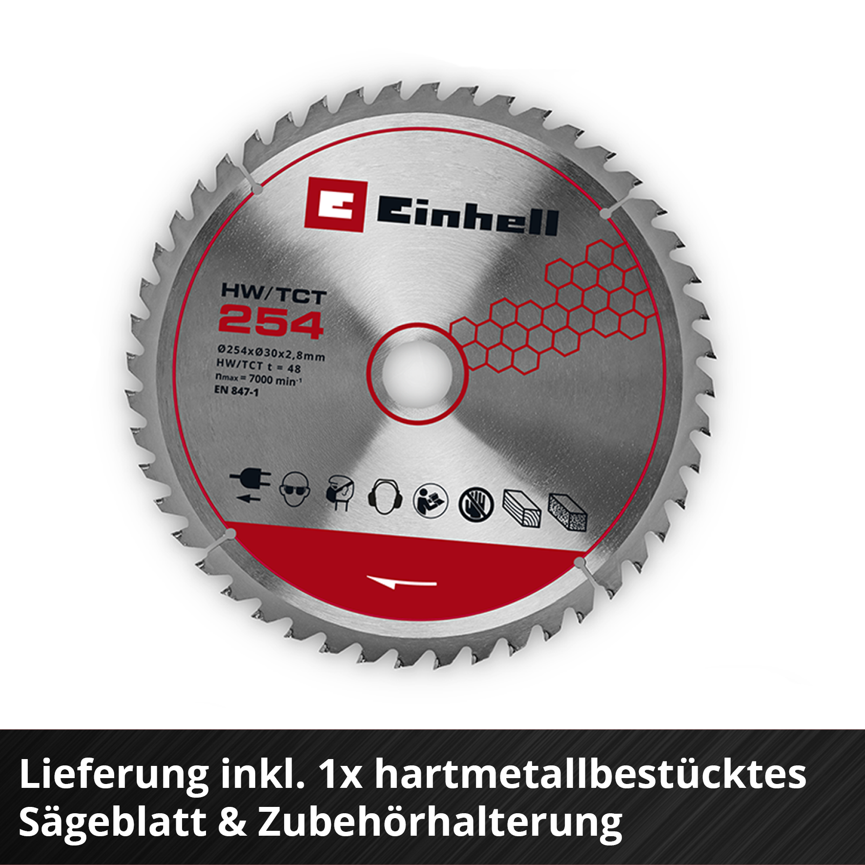 Kırmızı detaylı 254 mm dairesel testere bıçağı.