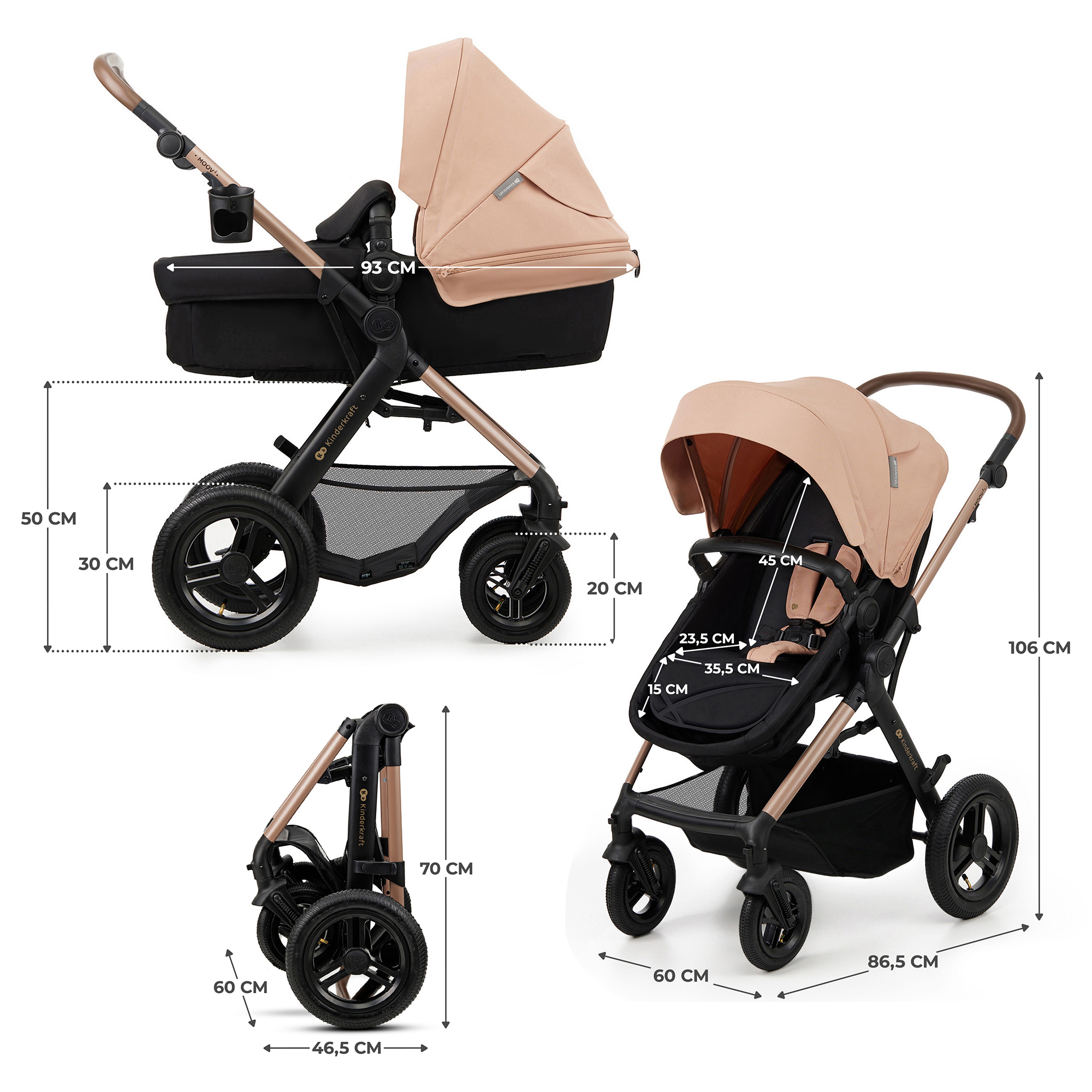 Ein beige Kinderwagen mit schwarzen Rädern und Details. Maße sind angegeben.