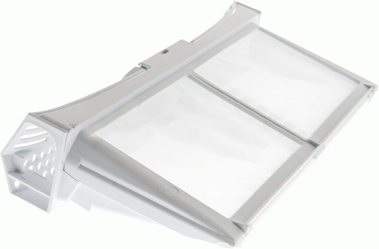 Un filtro de pelusa blanco para secadora con mallas transparentes.