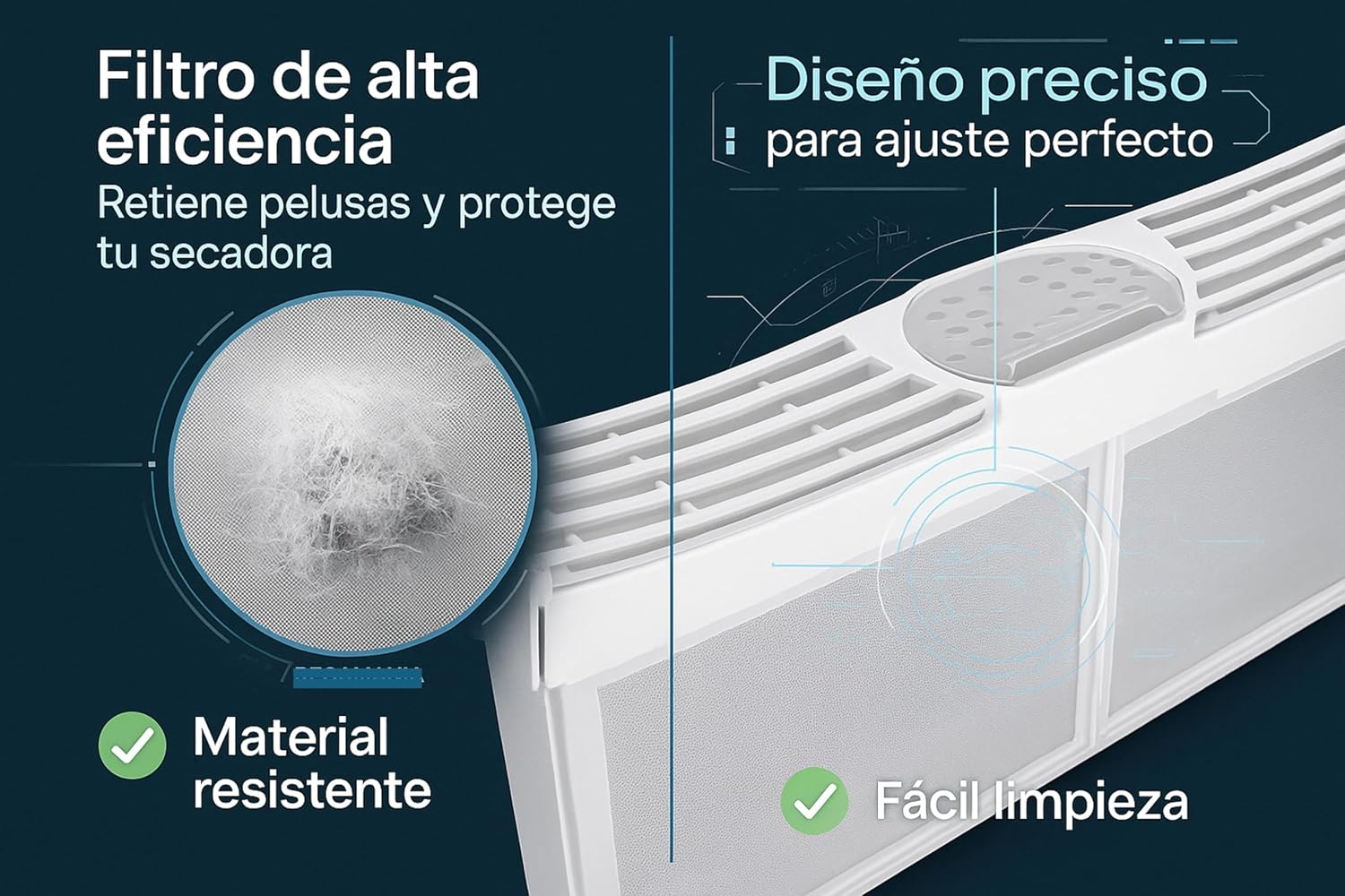 Filtro alta eficiencia: retiene pelusas, protege secadora, ajuste preciso.