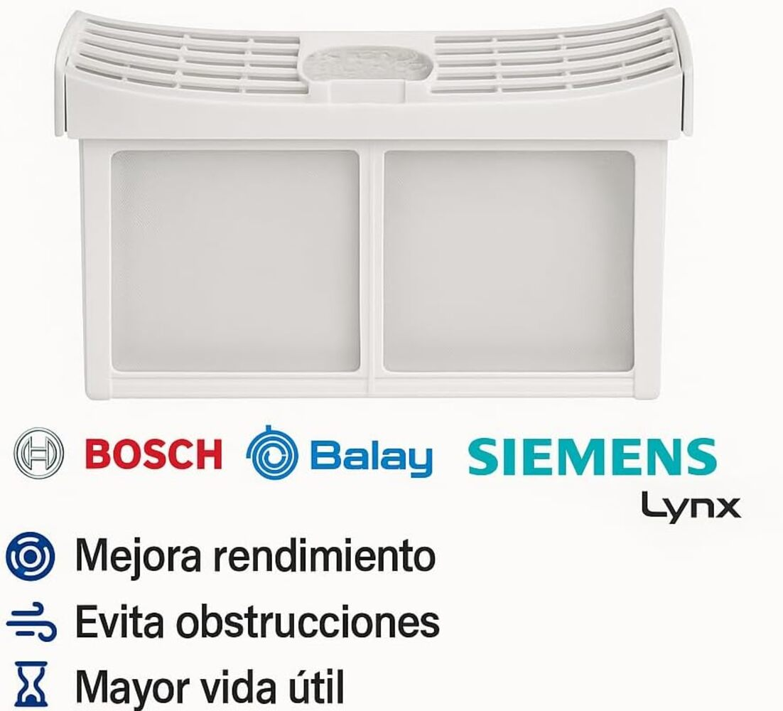 Un filtro de secadora blanco con logos de Bosch, Balay, Siemens y Lynx.