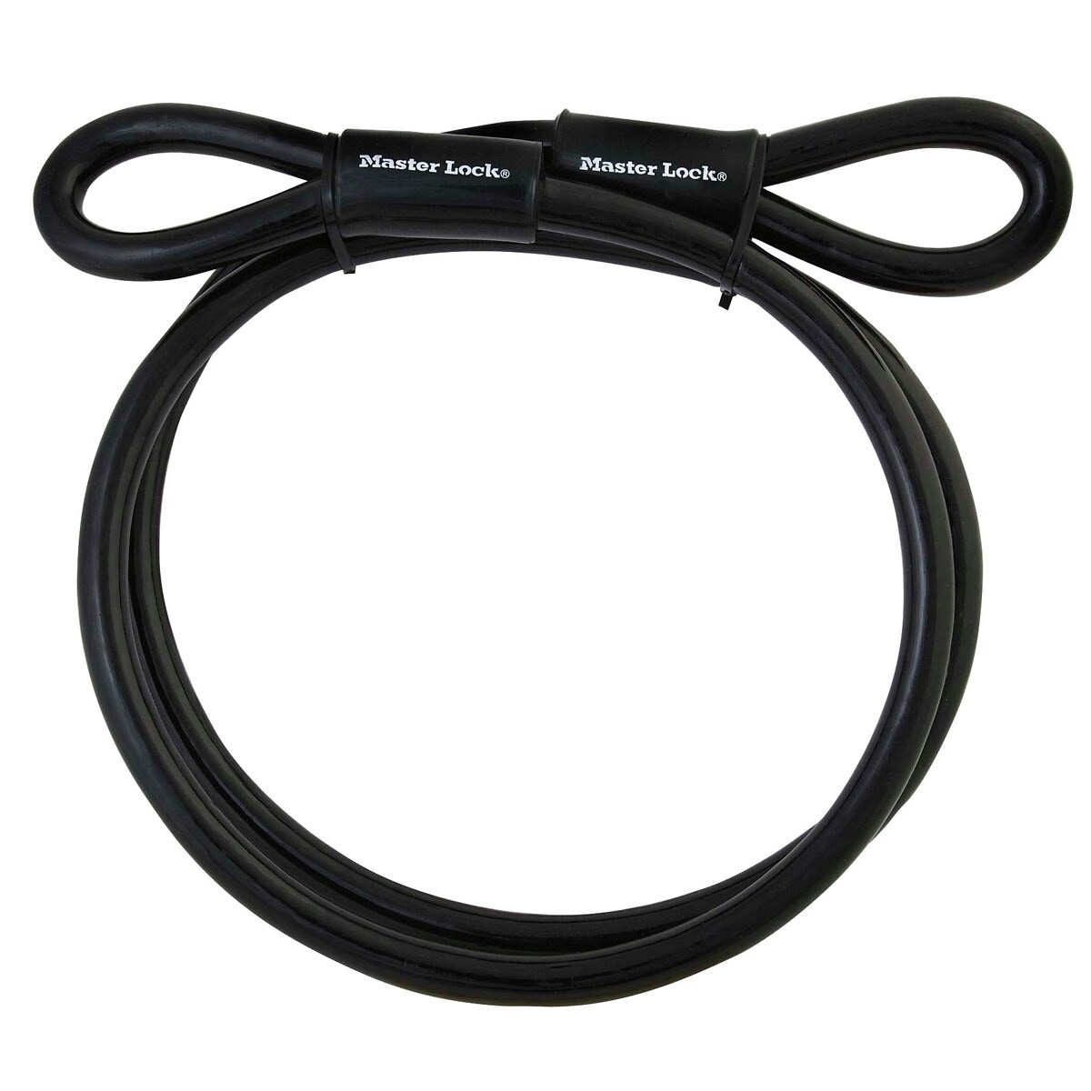 Lucchetto in cavo nero Master Lock, avvolto a forma di anello.