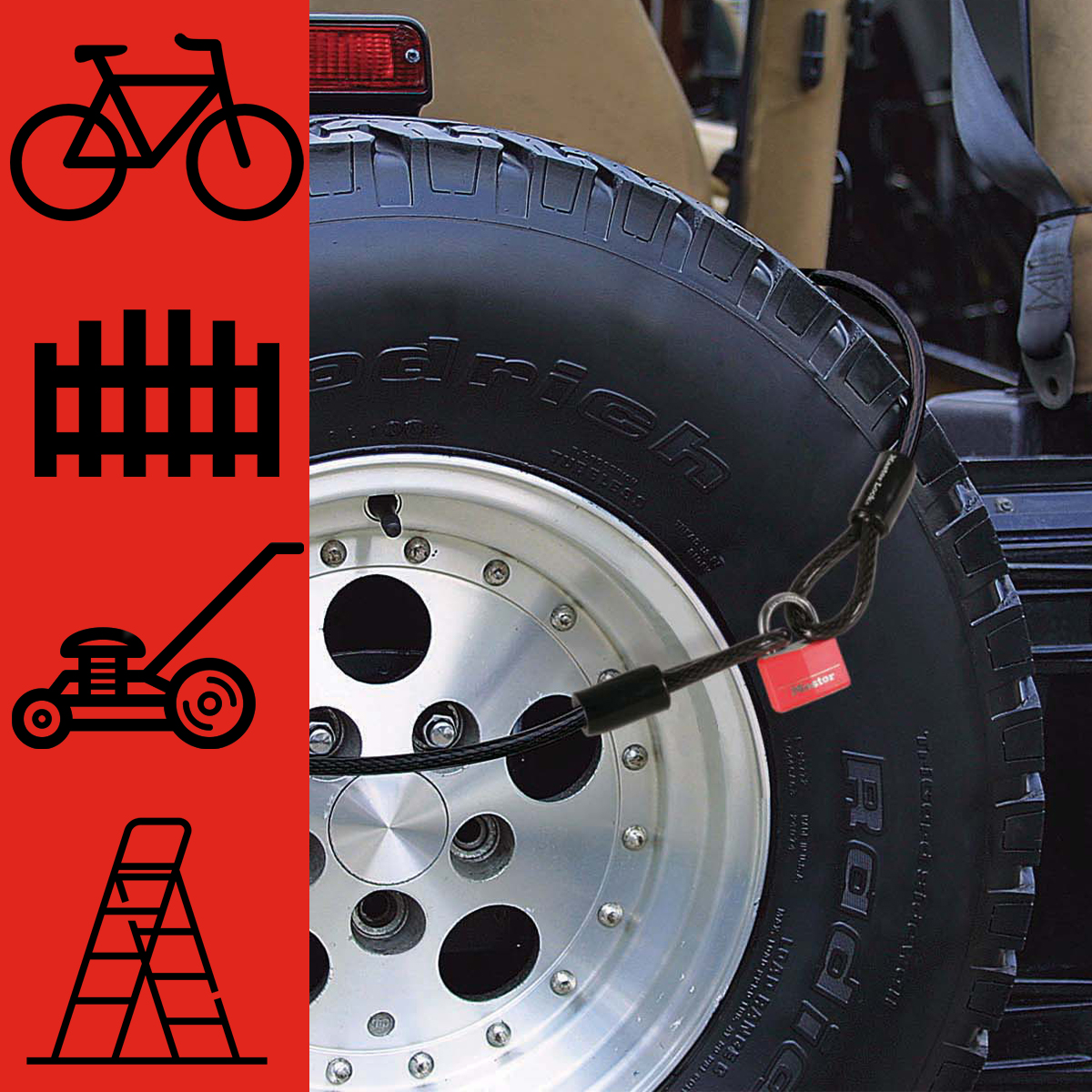 Quattro icone: bici, recinzione, tosaerba, scala. Accanto, una ruota di scorta con lucchetto.