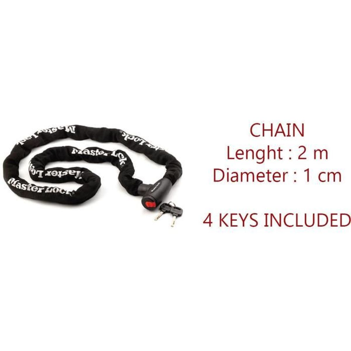 Una catena Master Lock nera con due chiavi. È lunga 2 m e ha un diametro di 1 cm.