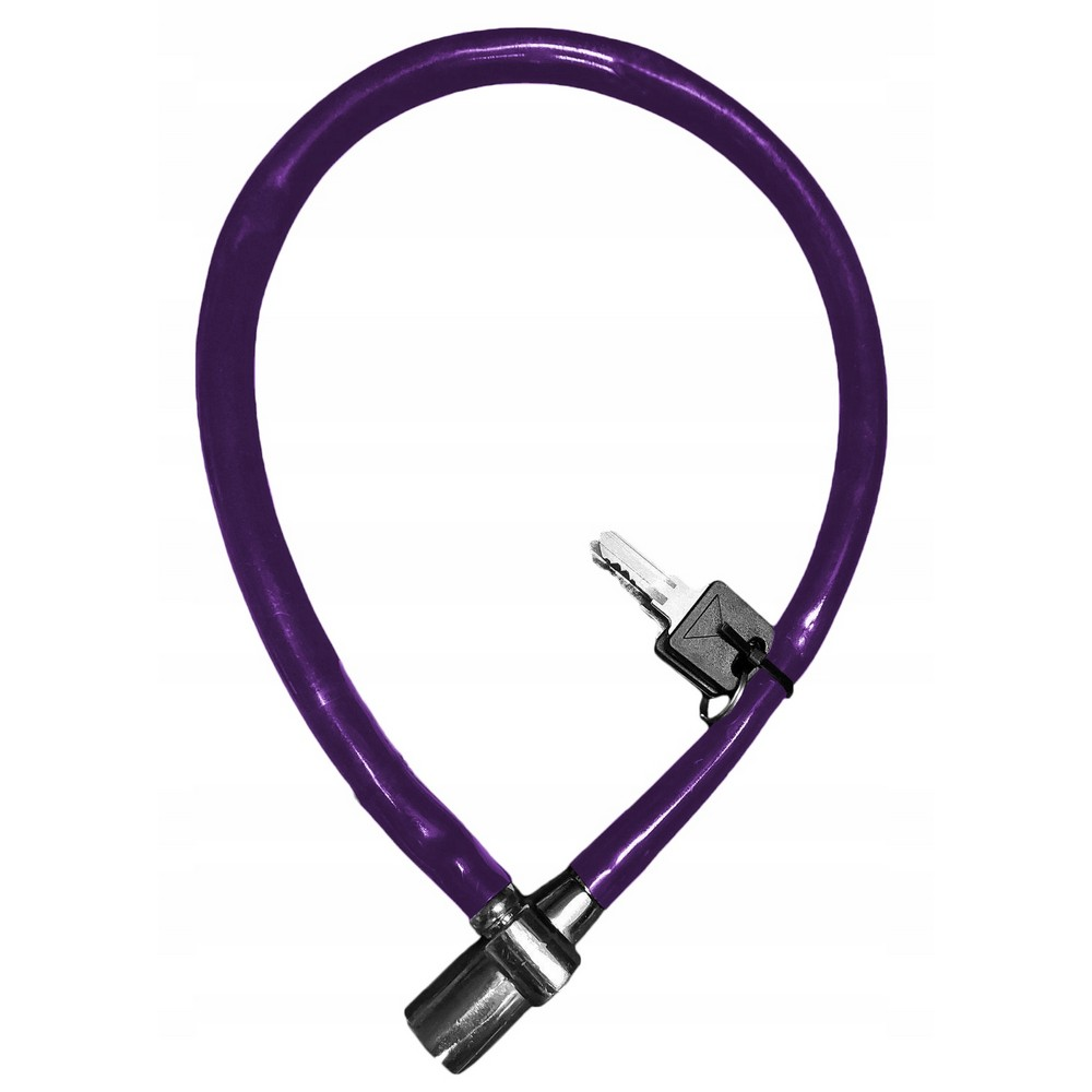 Un lucchetto a cavo viola per bicicletta con lucchetto argentato e chiave.