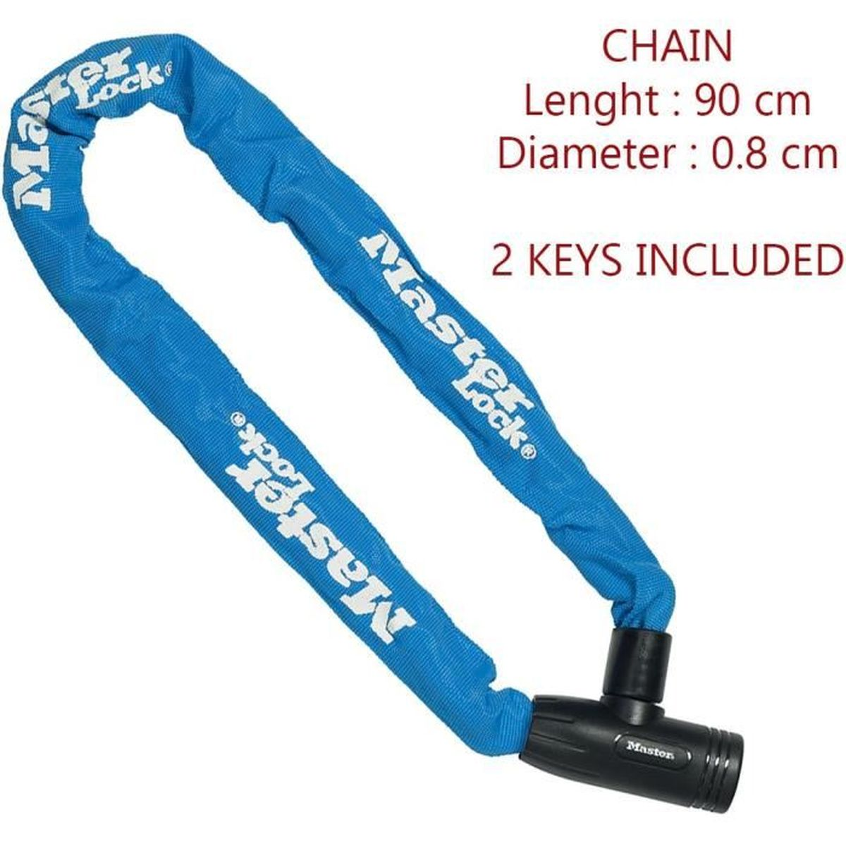 Catena blu con logo Master Lock, lunga 90cm, diametro 0.8cm, 2 chiavi.