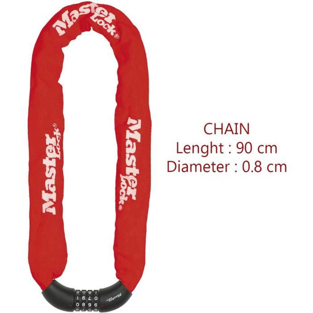 Catena Master Lock rossa con lucchetto a combinazione integrato. Lunghezza 90cm, diametro 0,8cm.