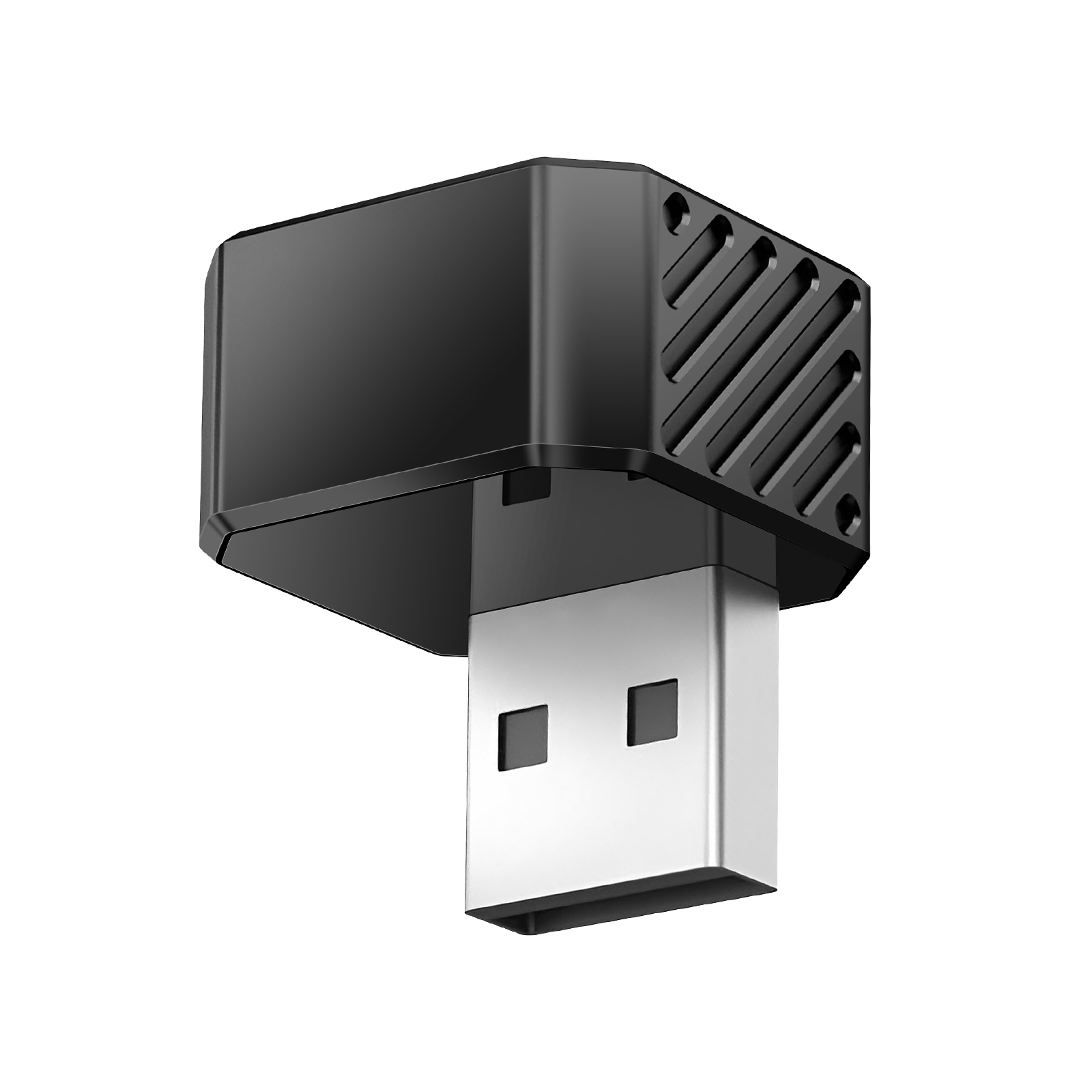 Adattatore USB nero con connettore argentato, su sfondo bianco.