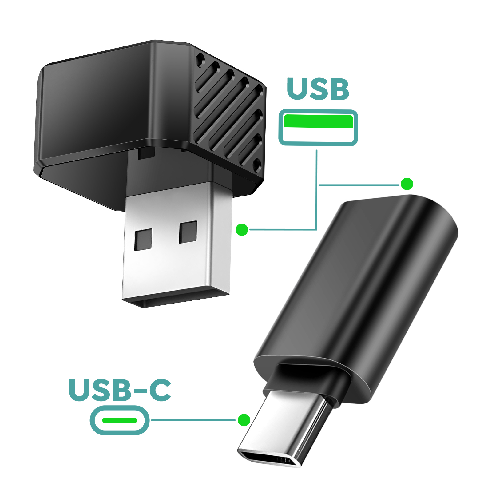 Un adattatore USB e un adattatore USB-C su sfondo bianco.