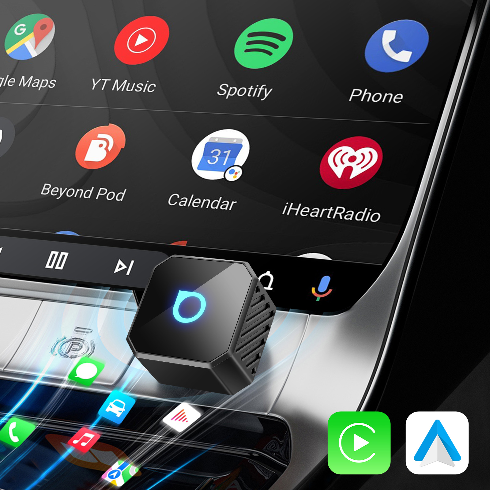 Un cubo nero con luce blu al centro su uno schermo di infotainment per auto.
