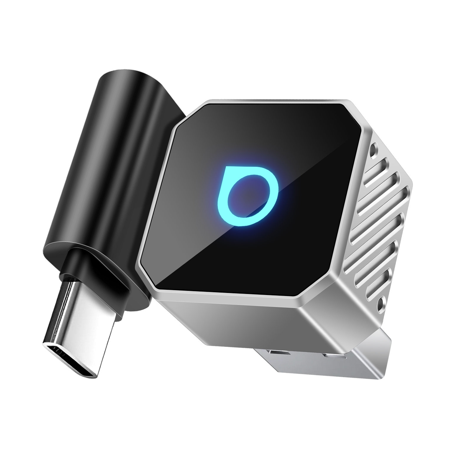 Un dispositivo esagonale argentato con logo blu e connettore USB-C.