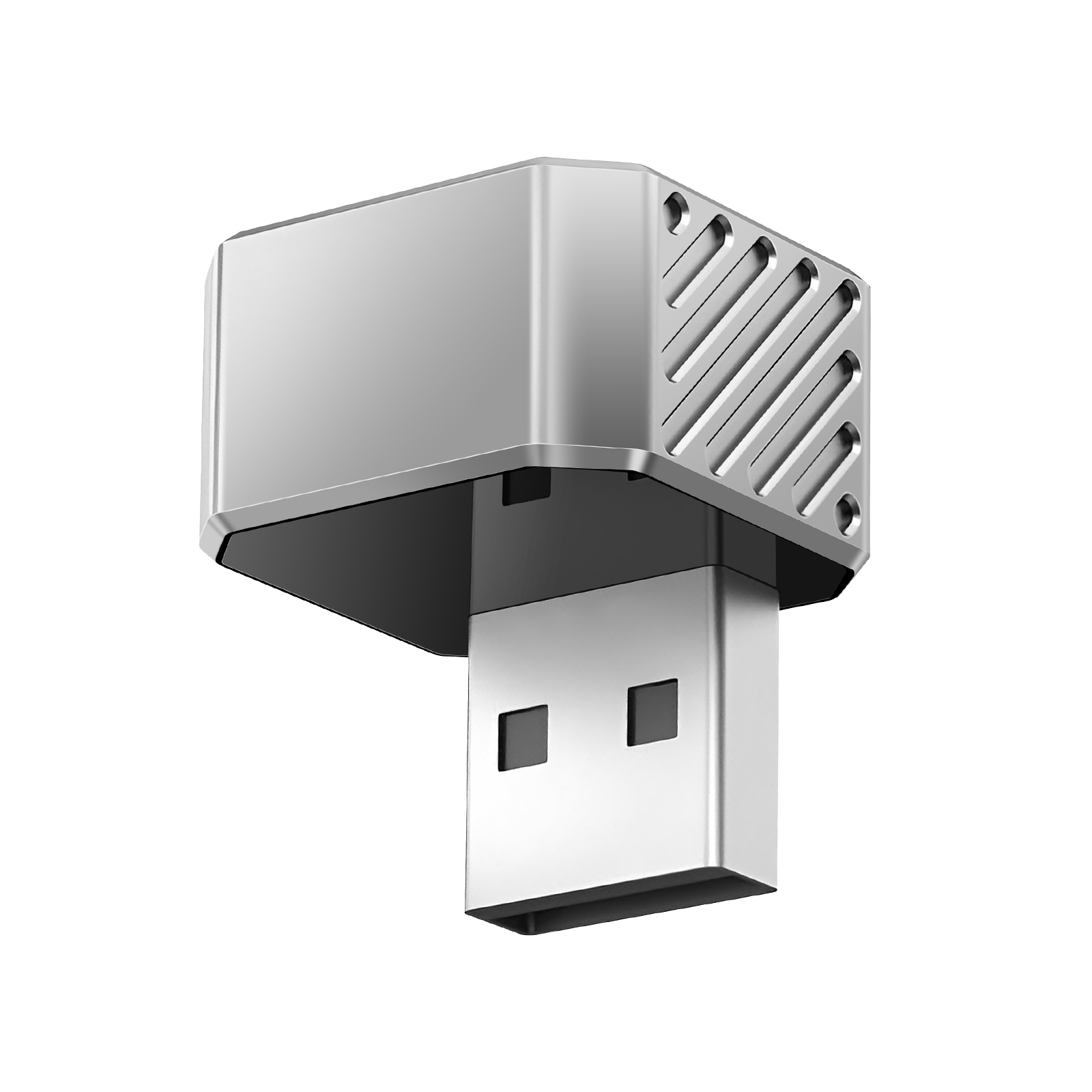 Unità USB argentata con custodia scanalata e accento nero.