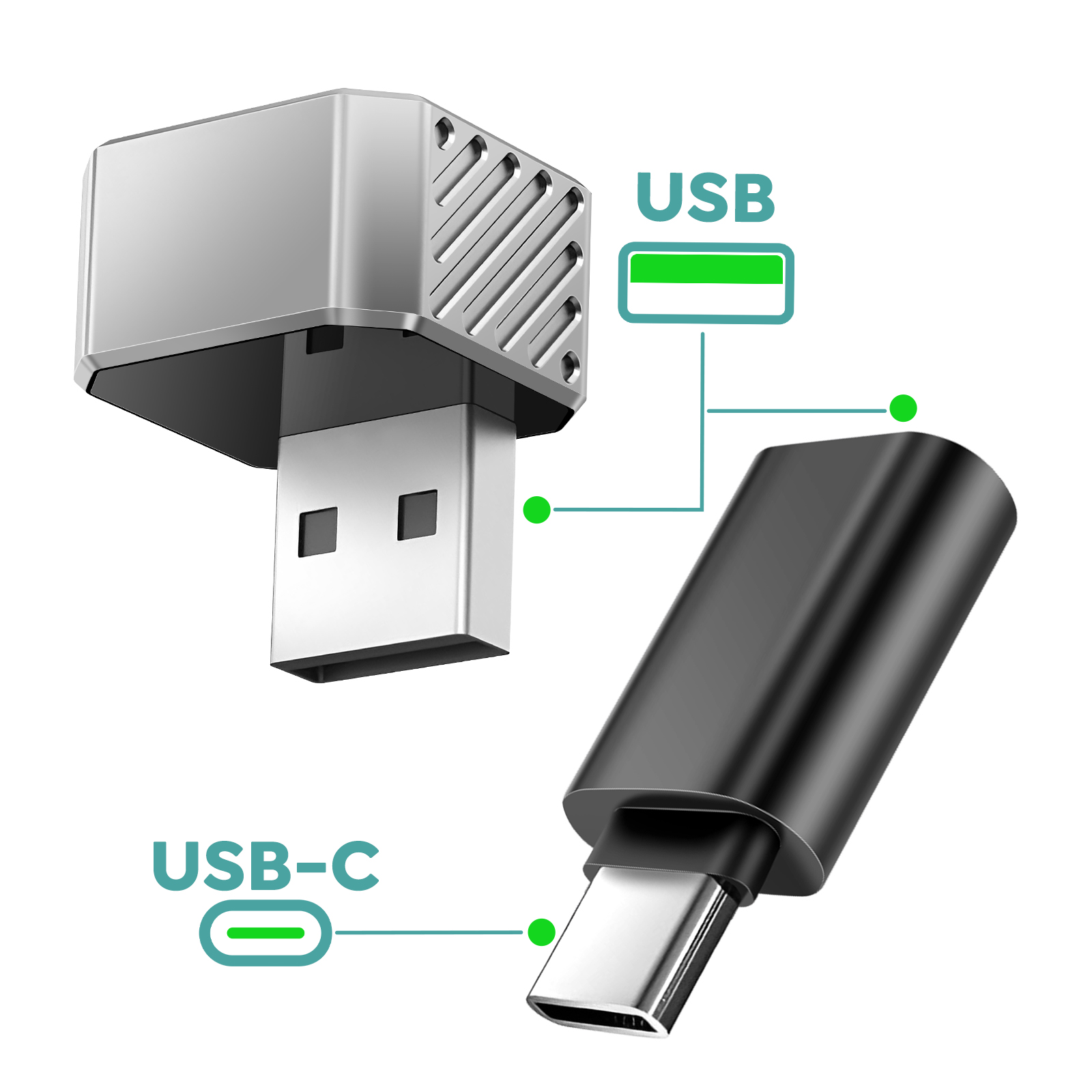 Un adattatore USB-A e un adattatore USB-C uno accanto all'altro su sfondo bianco.