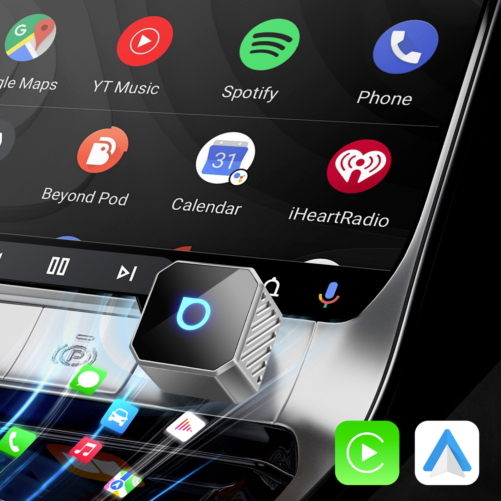 Sistema di infotainment con icone app: Google Maps, YT Music, Spotify, Telefono.