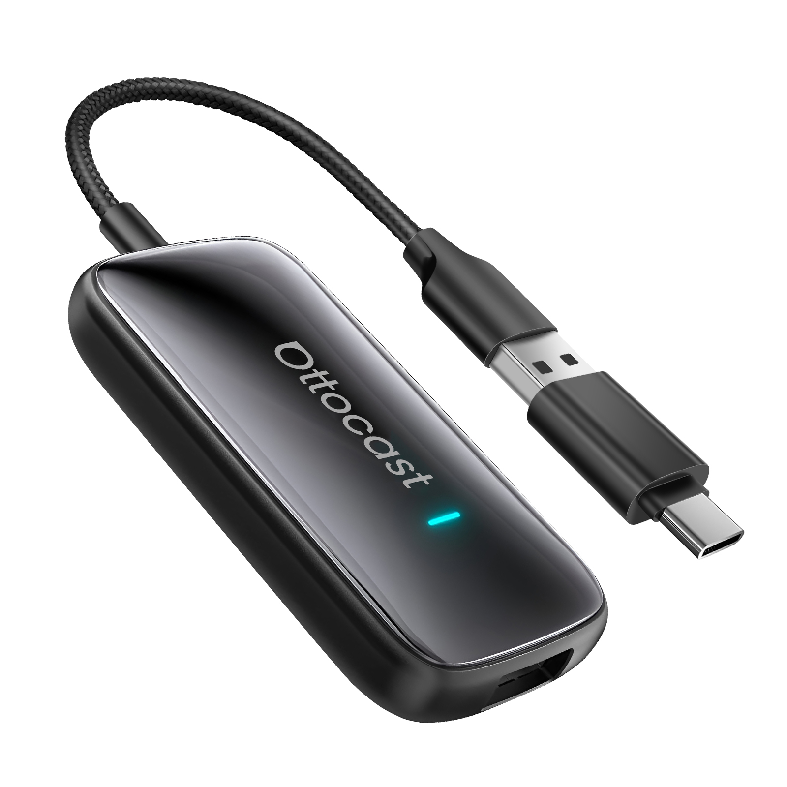 Adattatore Ottocast nero con connettori USB-C e USB-A e luce blu.