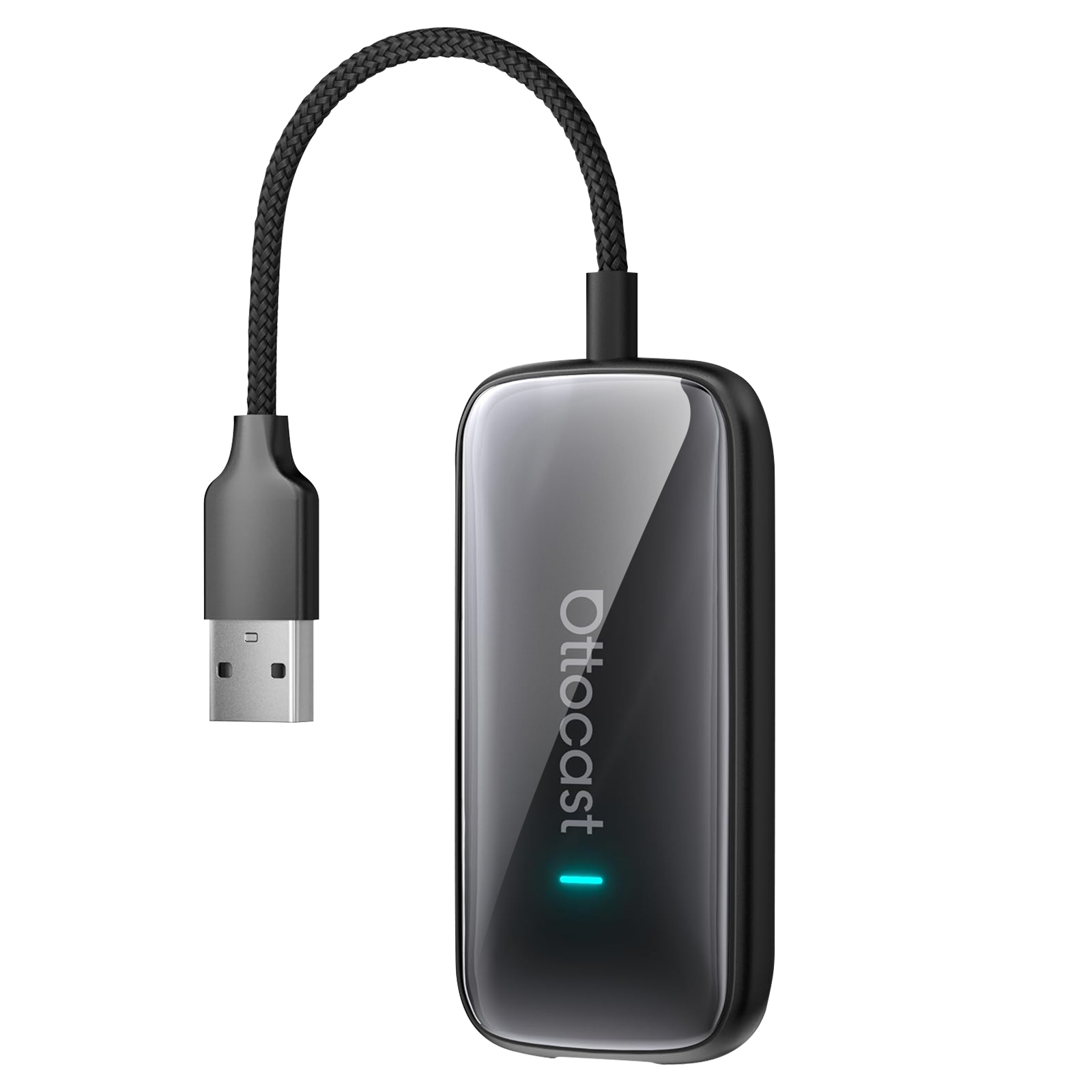 Un dispositivo Ottocast nero con luce blu e cavo USB.