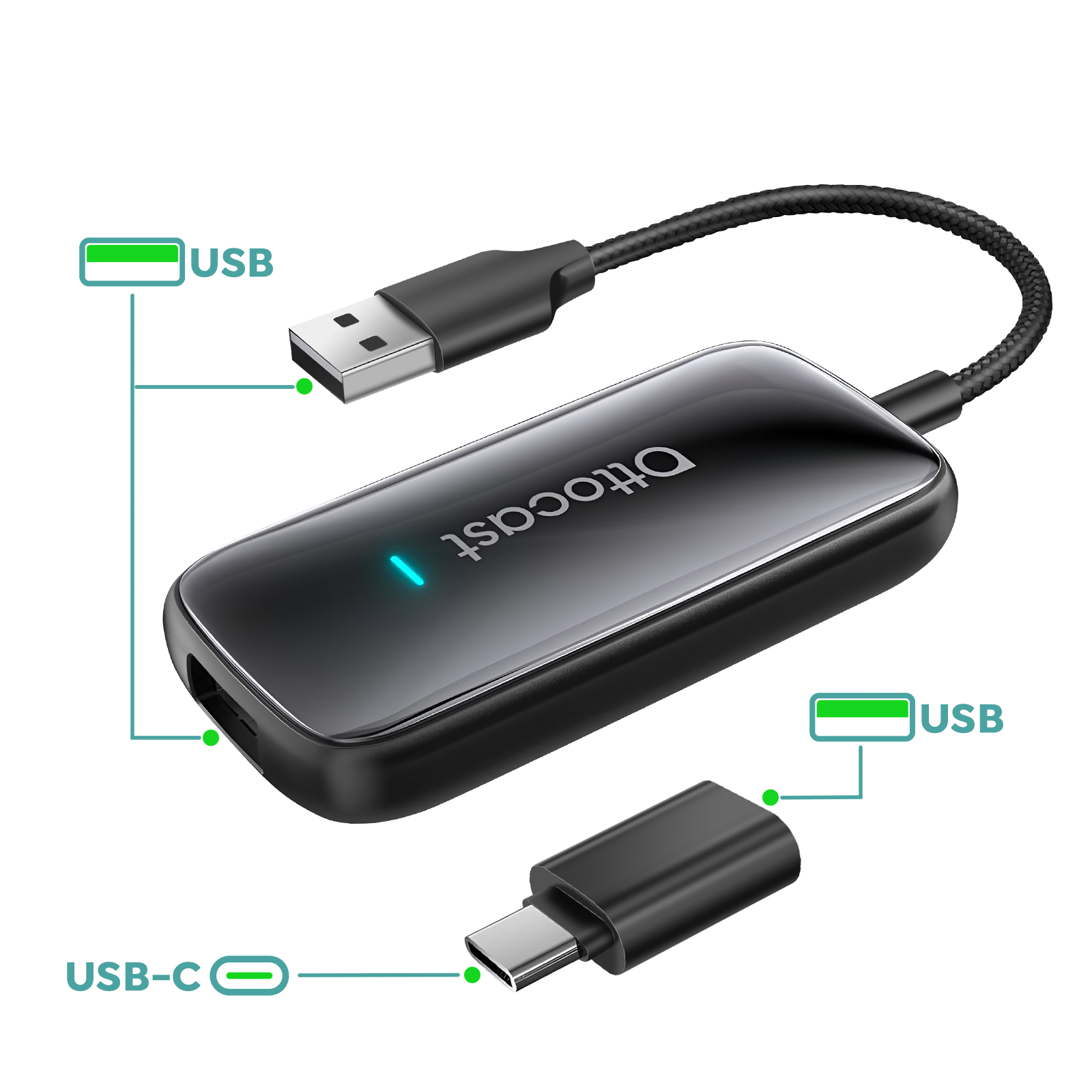 Un dispositivo Ottocast nero con cavi USB-A e USB-C. Una luce blu è accesa.