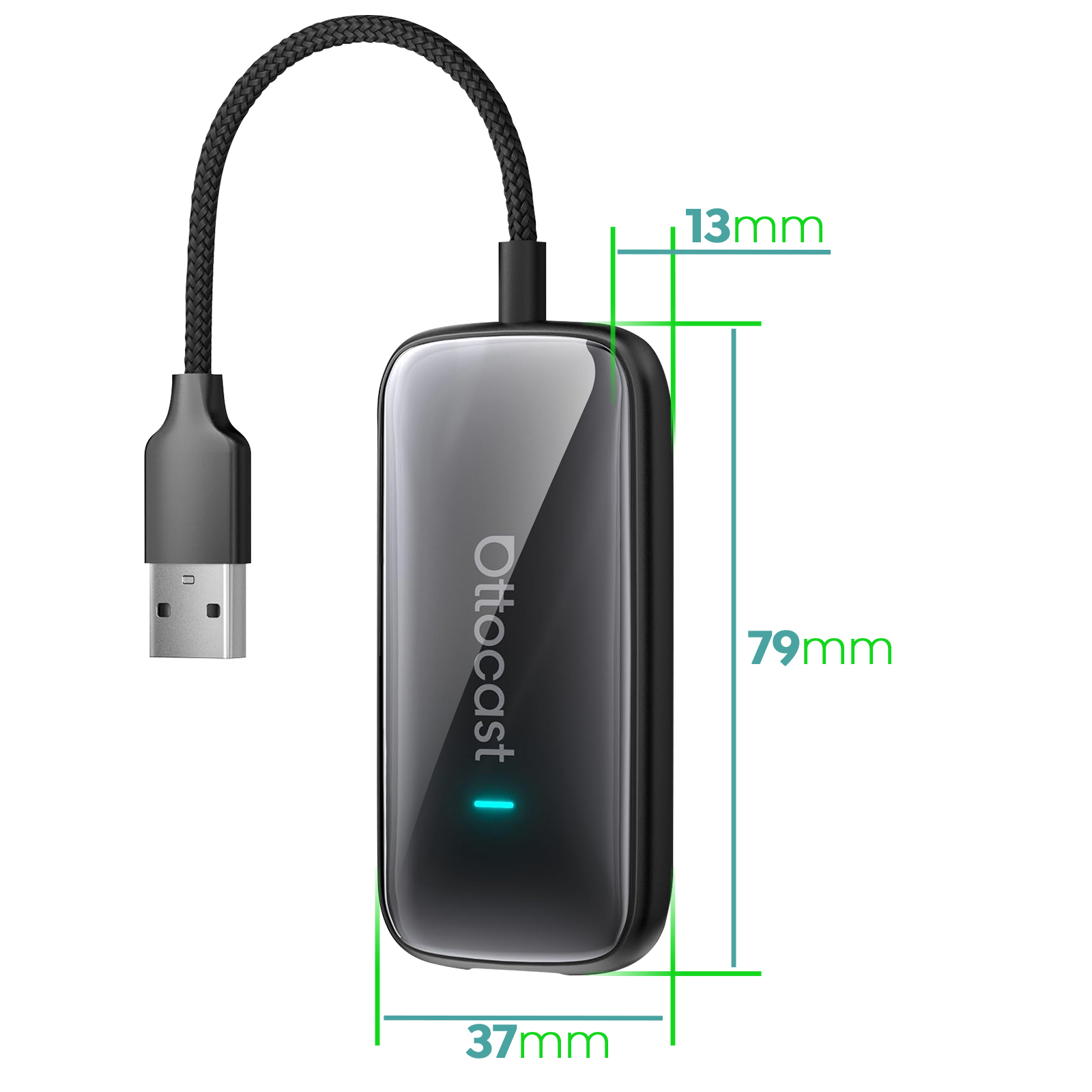 Un elegante dispositivo Ottocast nero con connettore USB e dimensioni.
