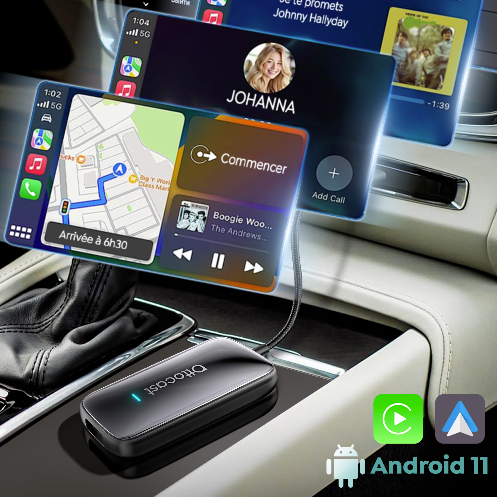 Un sistema di infotainment per auto che mostra schermate di navigazione, musica e chiamate.