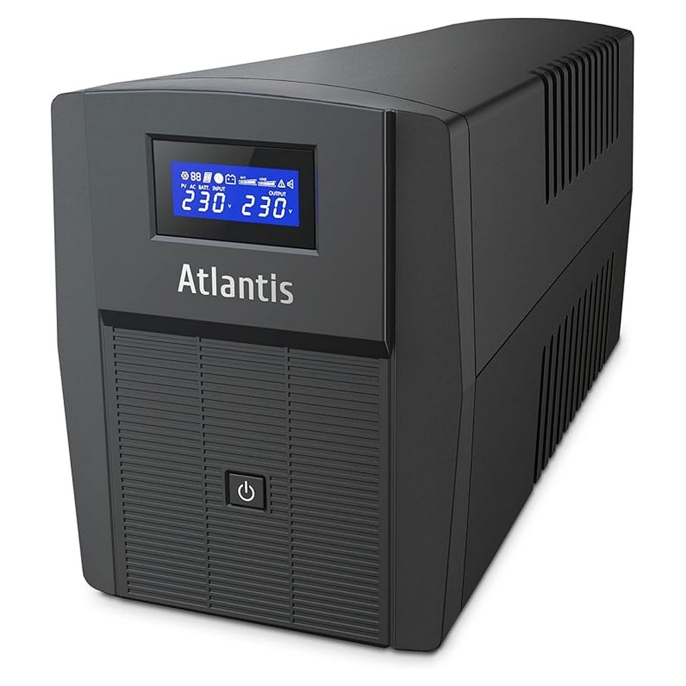 Gruppo di continuità Atlantis nero con schermo LCD blu.