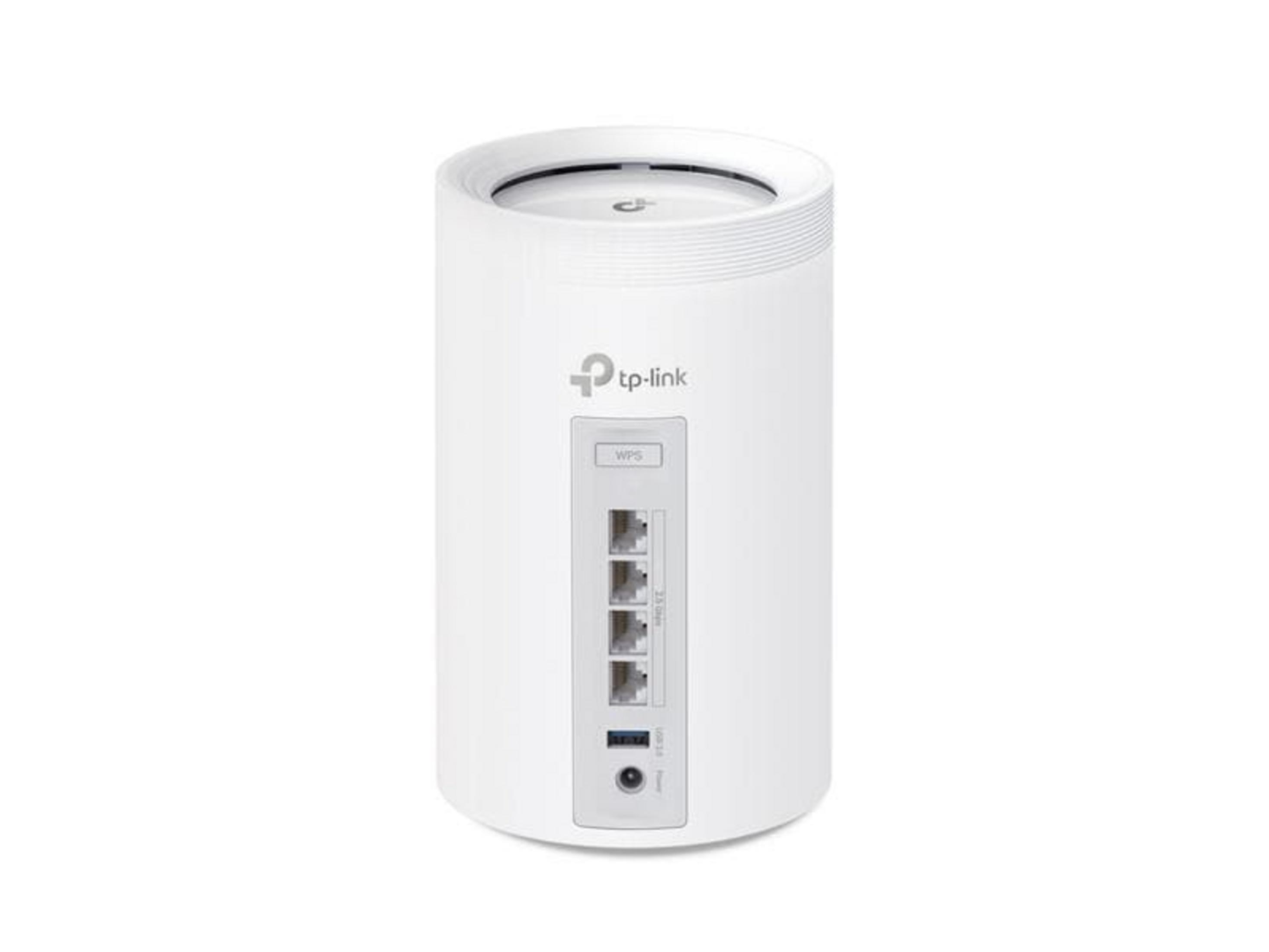 Biały router TP-Link z WPS, 4 portami Ethernet, USB i złączem zasilania.