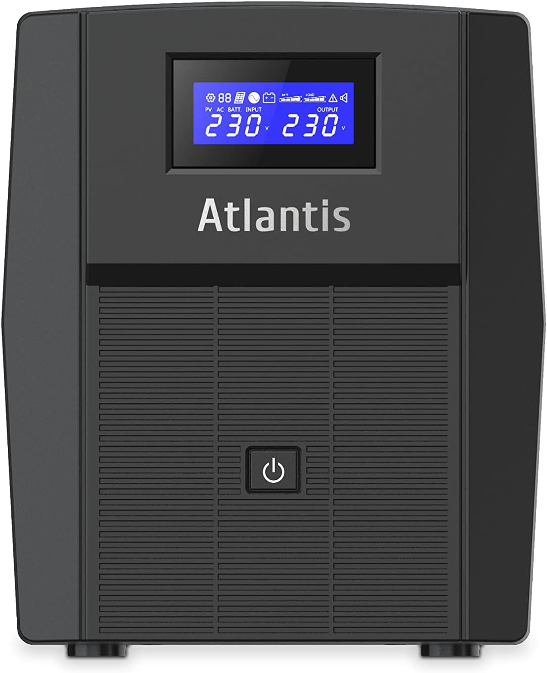 Dispositivo UPS Atlantis nero con display LCD blu e pulsante di accensione.