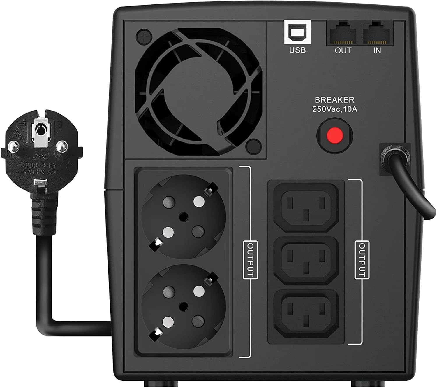 Vista posteriore di un UPS nero con prese, porte USB, IN/OUT e luce rossa breaker.