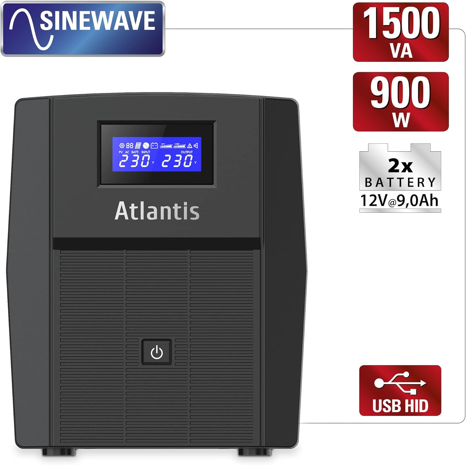 Gruppo di continuità Atlantis nero con schermo LCD blu che mostra 230V.