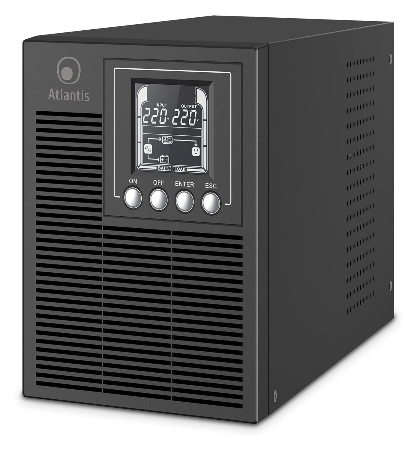 Unità UPS Atlantis nera con schermo LCD che mostra le tensioni di ingresso/uscita.