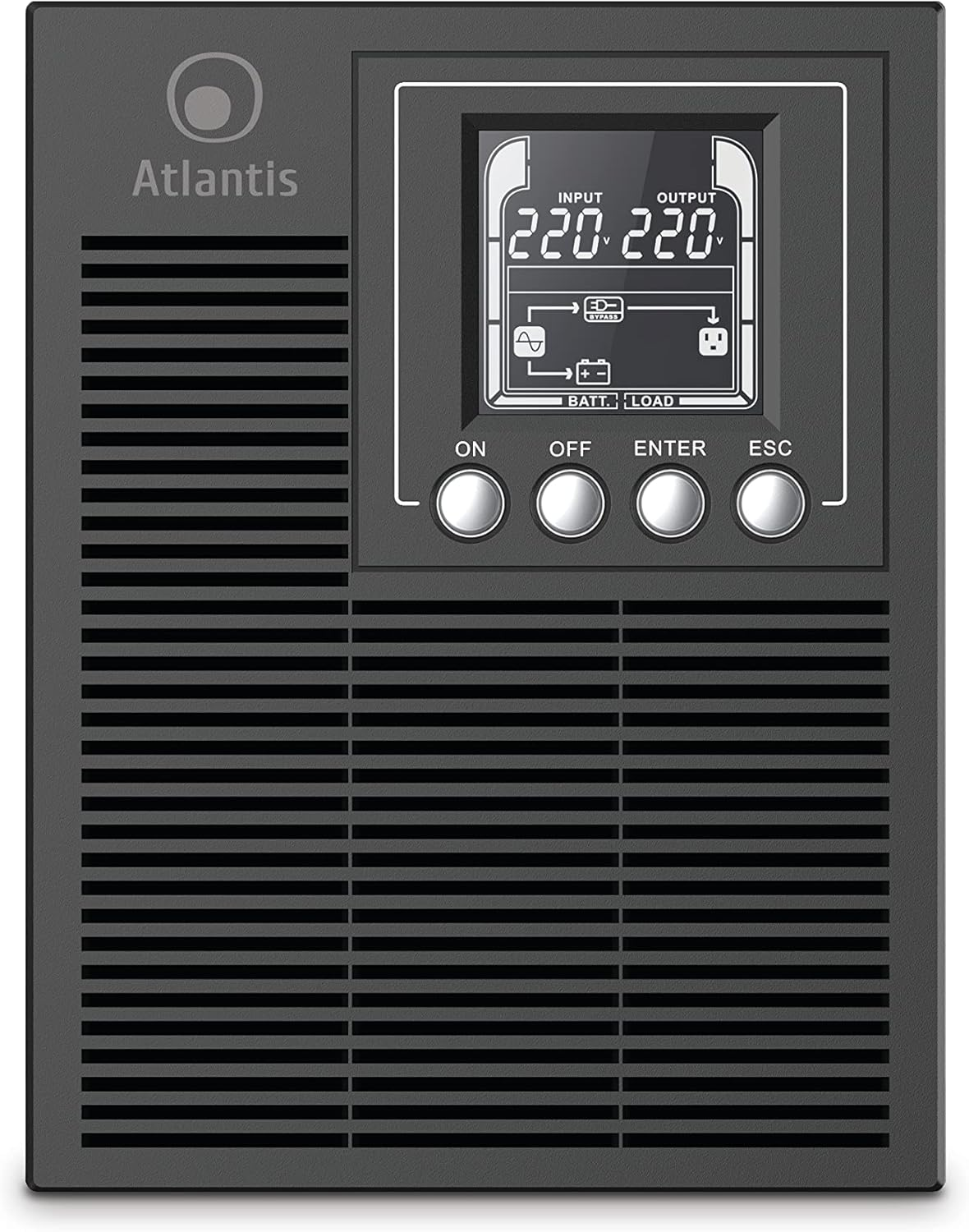 Un UPS Atlantis nero con schermo LCD e quattro pulsanti.