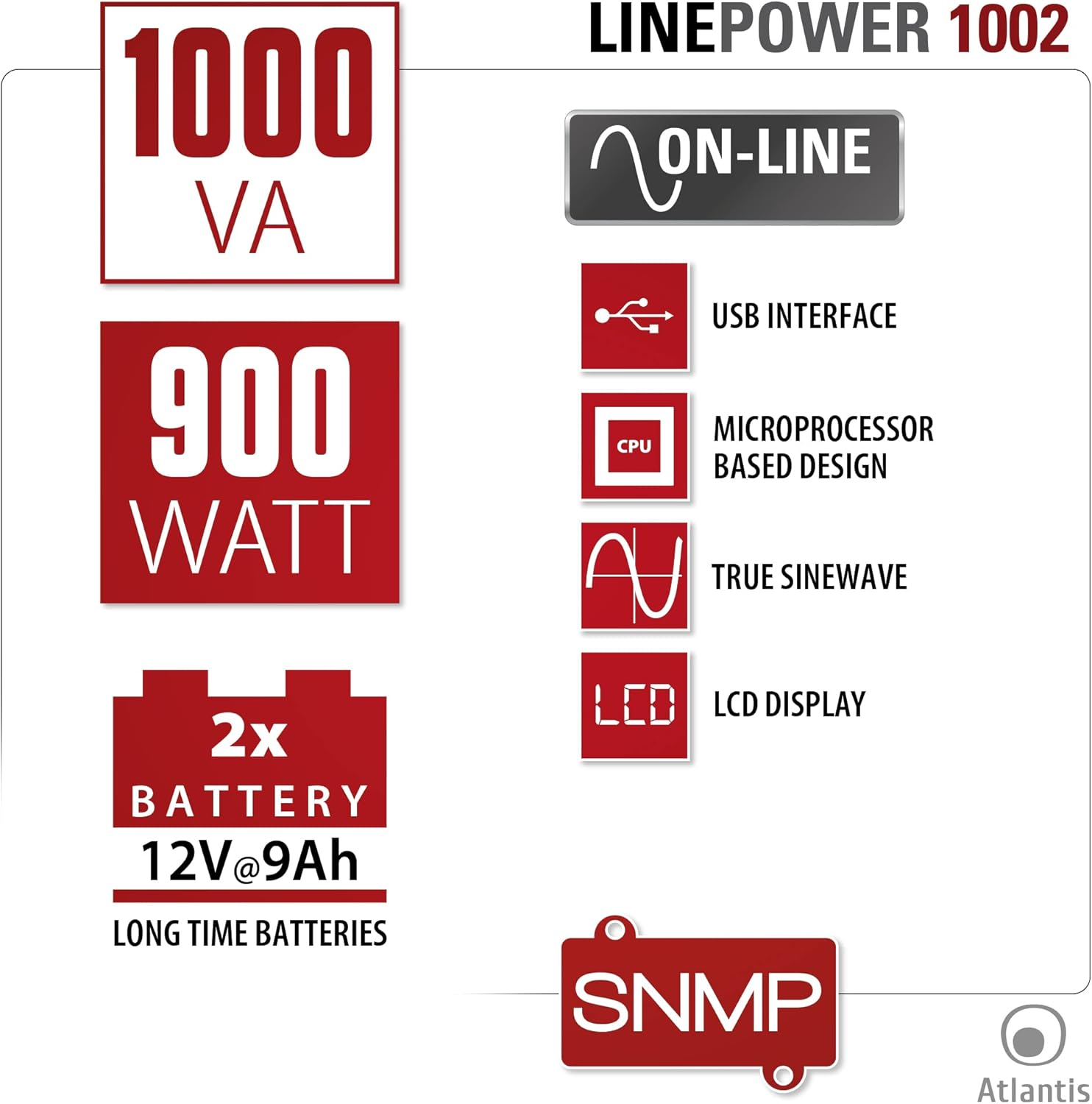 LINEPOWER 1002: 1000 VA, 900 Watt, 2x batterie 12V 9Ah, ON-LINE, USB, CPU, LCD.