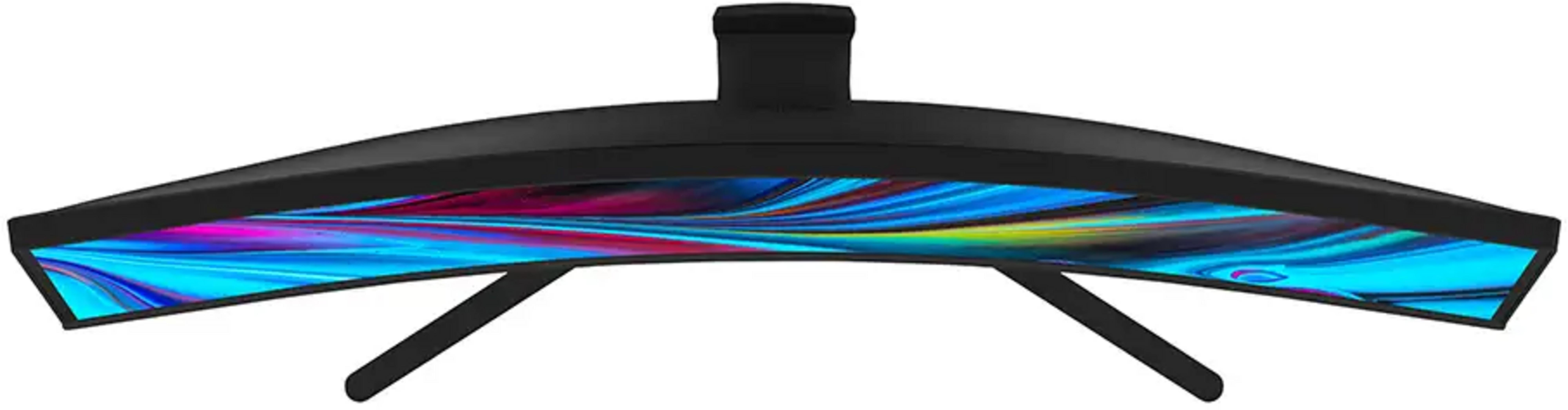 Un moniteur noir incurvé affichant un fond d'écran coloré bleu et rose.