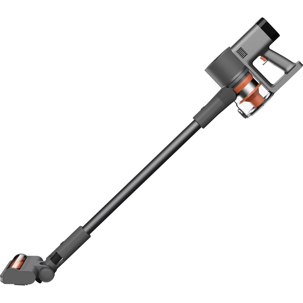 Szary odkurzacz bezprzewodowy z przezroczystym pojemnikiem na kurz i pomarańczowymi.