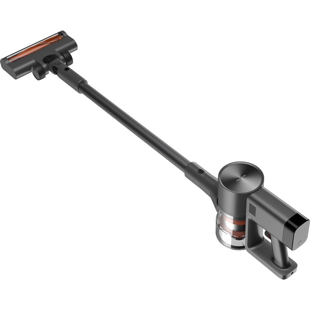 Ciemnoszary odkurzacz bezprzewodowy z długą rurą i szczotką.