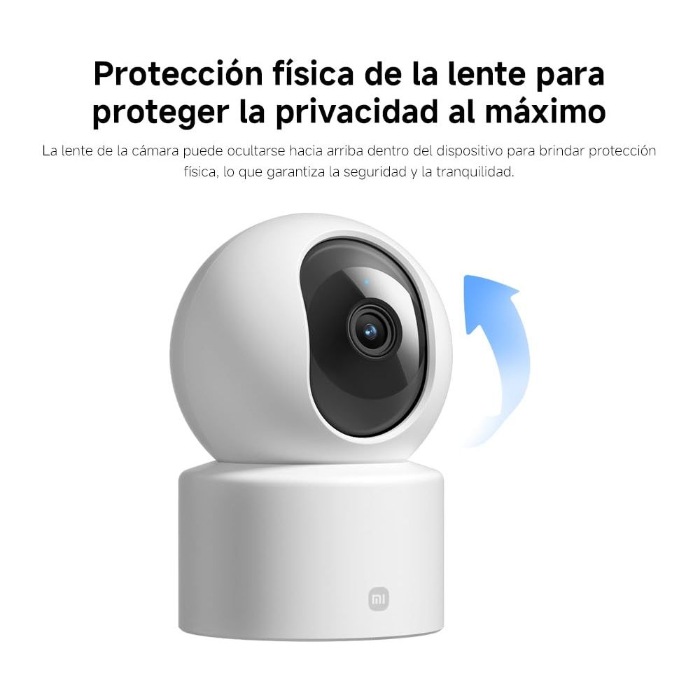 Biała kamera bezpieczeństwa z chowanym obiektywem i niebieską strzałką.