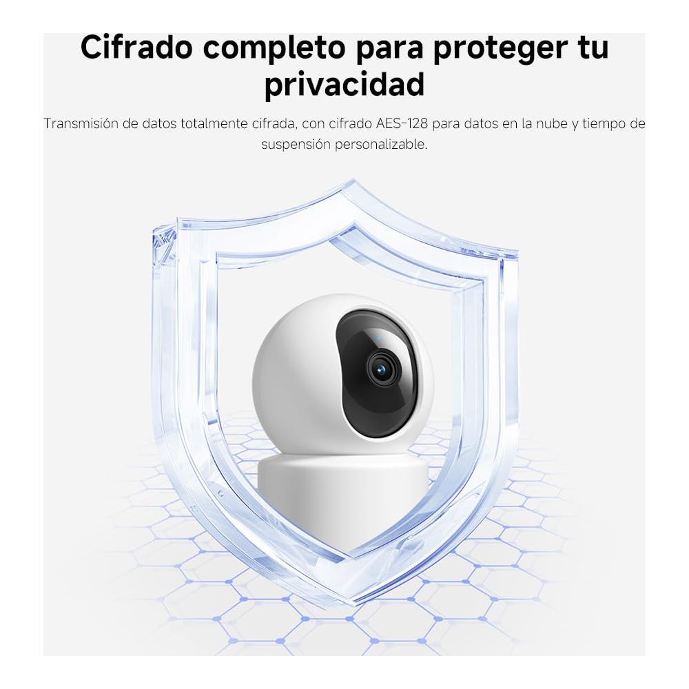 Biała kamera bezpieczeństwa za przezroczystą ikoną tarczy.