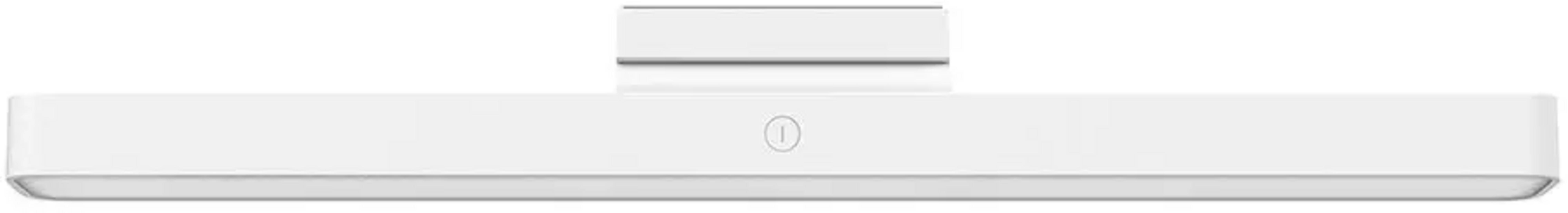 Białe, smukłe urządzenie z okrągłą ikoną pośrodku.