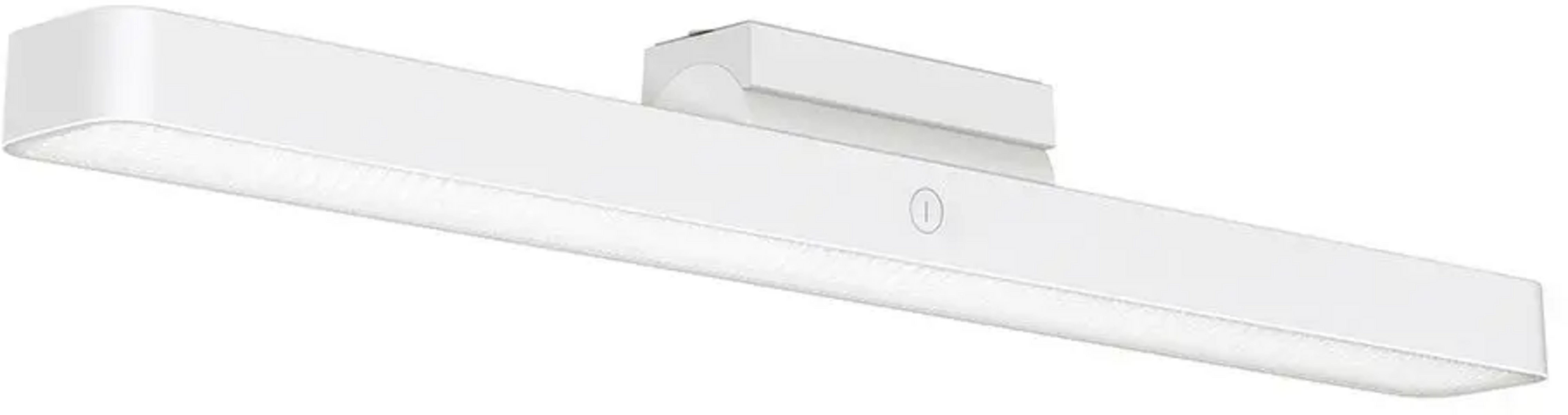 Biały pasek świetlny LED z okrągłym przyciskiem zasilania.