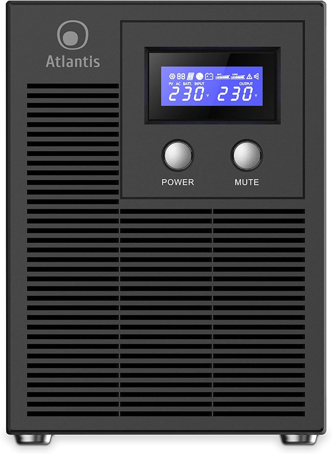 UPS Atlantis nero con display digitale che mostra 230V in ingresso e uscita.