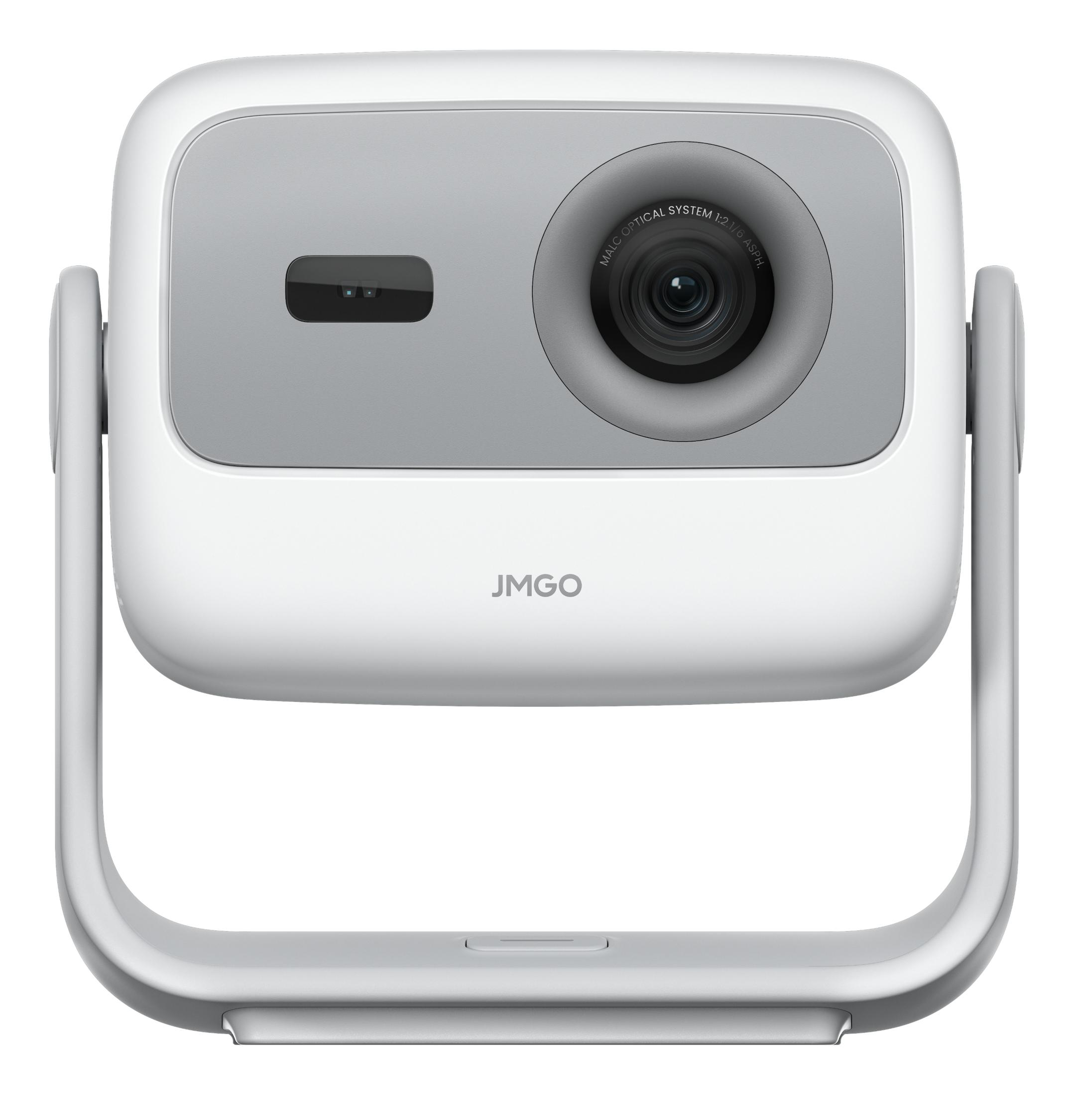 Biały projektor z szarym panelem przednim i obiektywem.