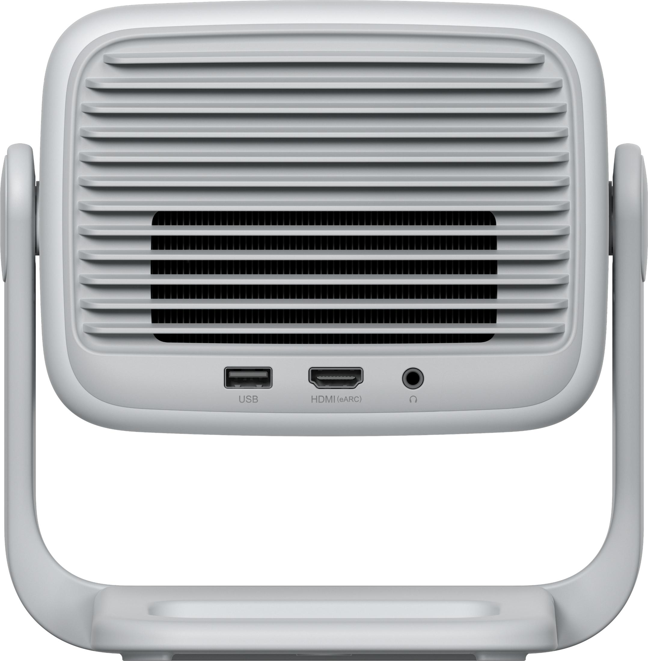 Tył białego projektora z otworami wentylacyjnymi, portami USB, HDMI i audio.