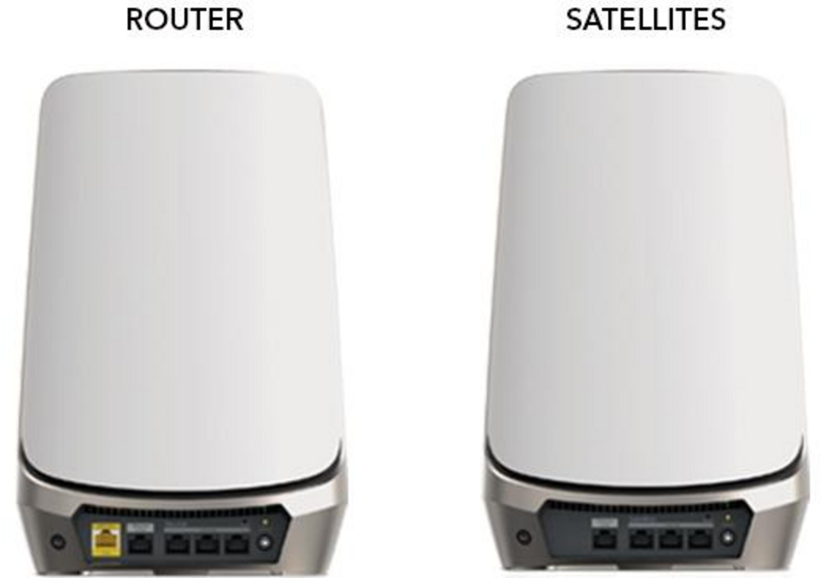 Zwei weiße Router/Satelliten-Einheiten nebeneinander mit Anschlüssen unten.