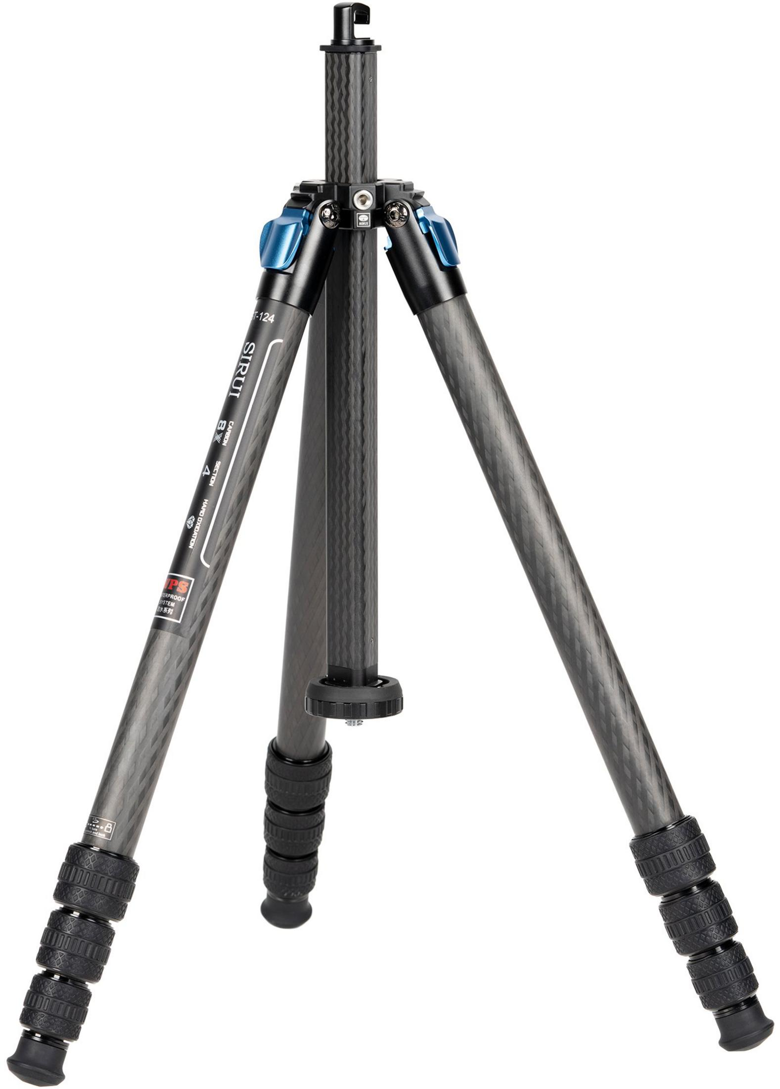 A black carbon tripod with blue clamps and black rubber feet.