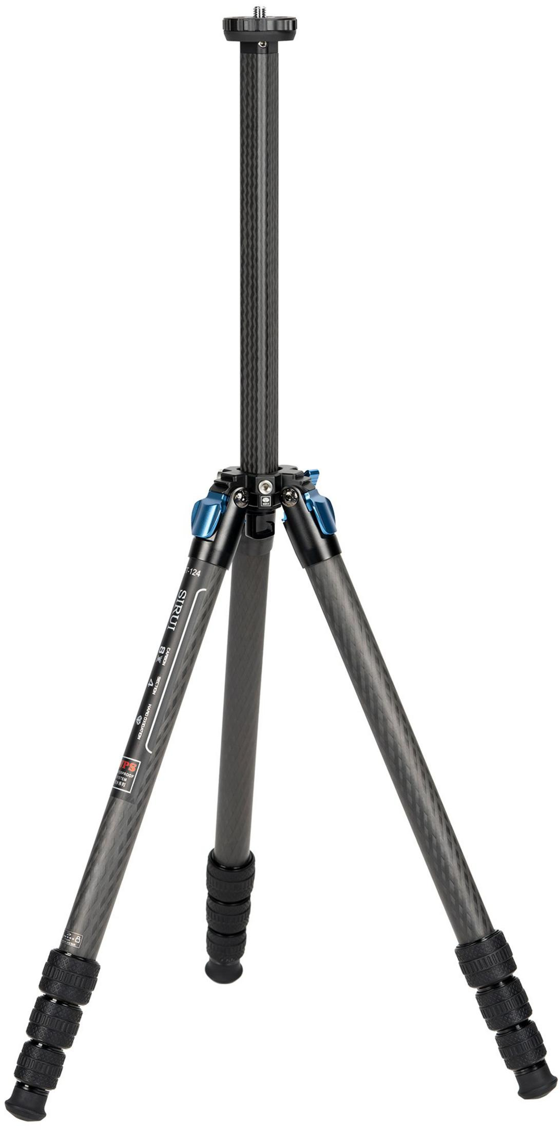 A black carbon fiber tripod with blue accents is shown against a white background.