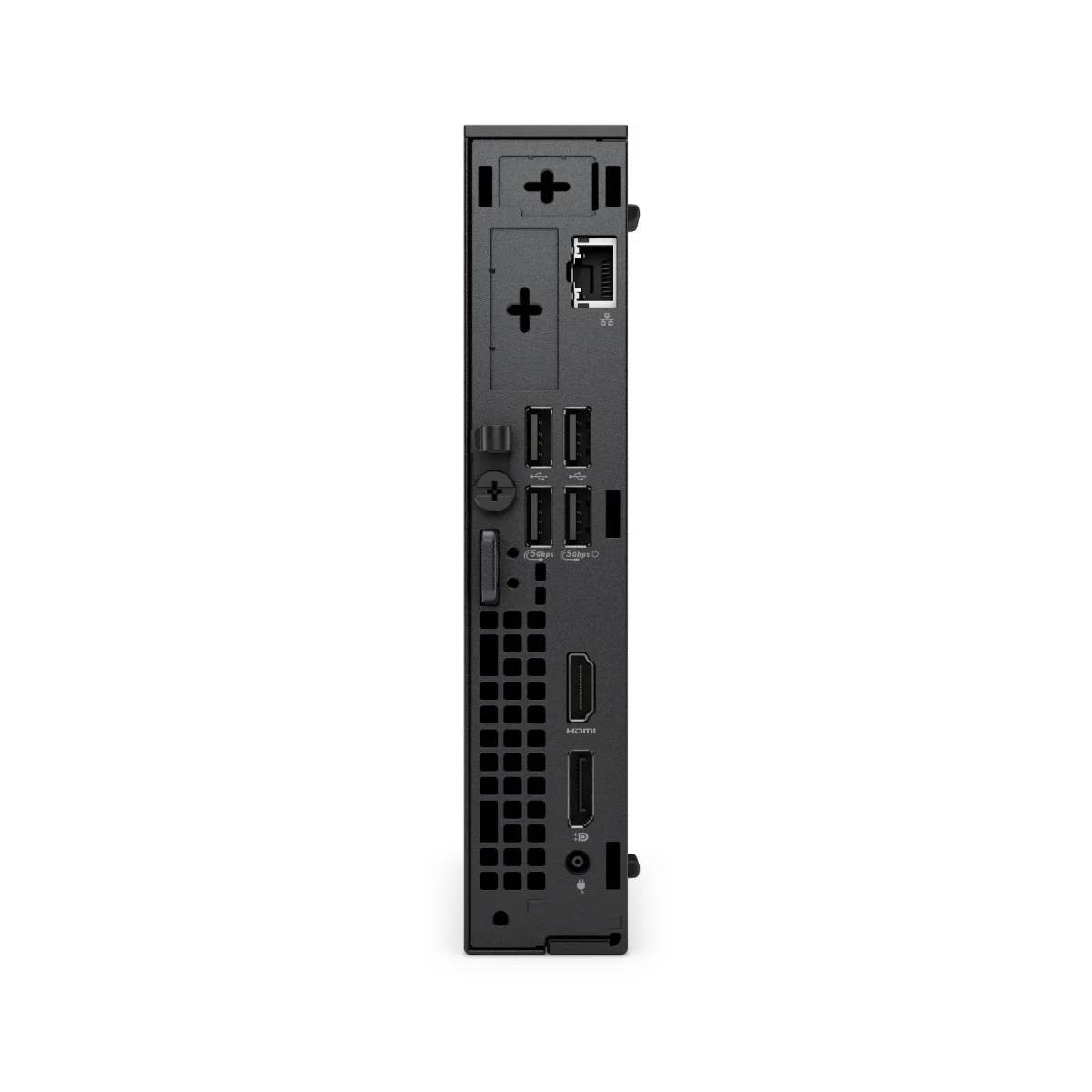 Parte trasera de un mini PC negro con puertos USB, Ethernet y HDMI.