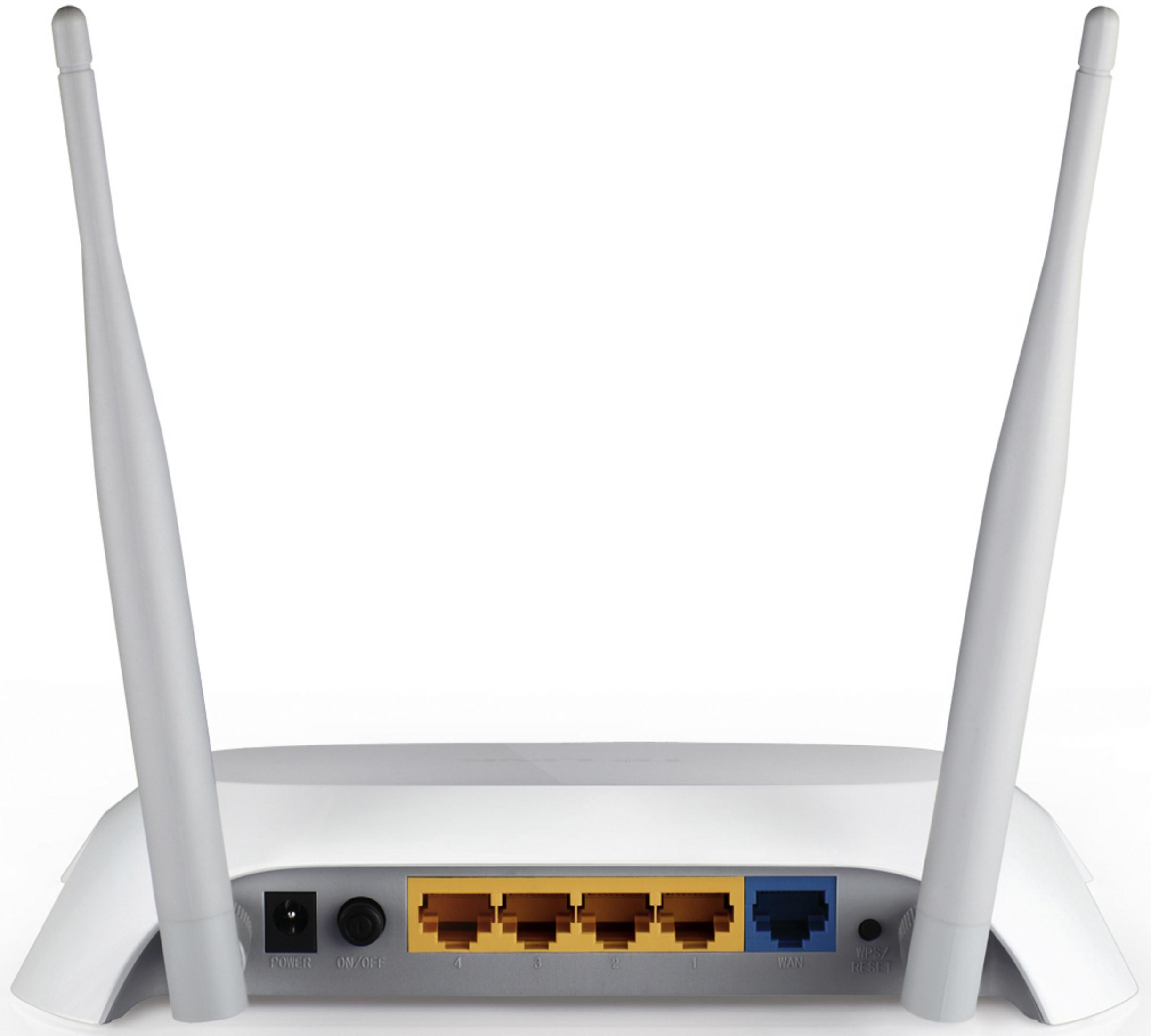 Biały router z dwiema antenami i portami z tyłu.